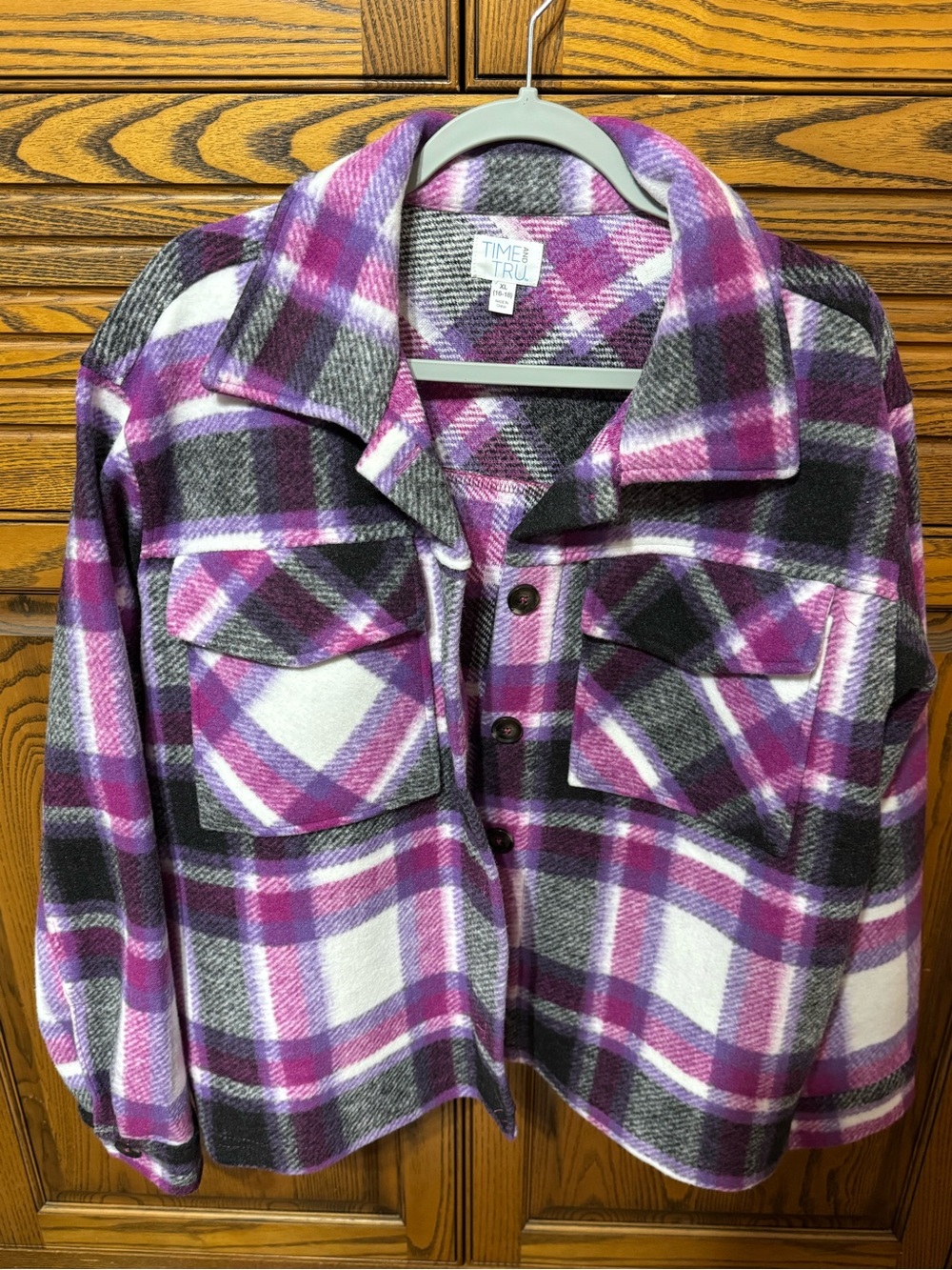 Time and Tru Purple Pink and Gray Plaid Shacket